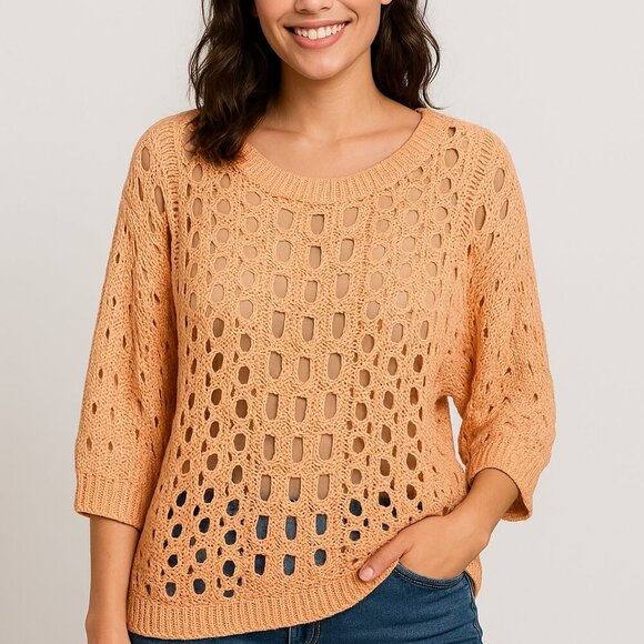 Rondina NY Pointelle Open Knit Sweater Blush Orange XS S NWT Lightweight - Picture 1 of 6